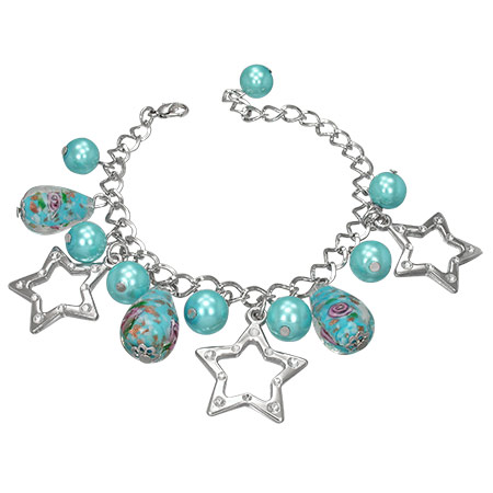 Bransoletka ze szklanymi koralikami, perełkami , gwiazdkami niebieska c 35 -5