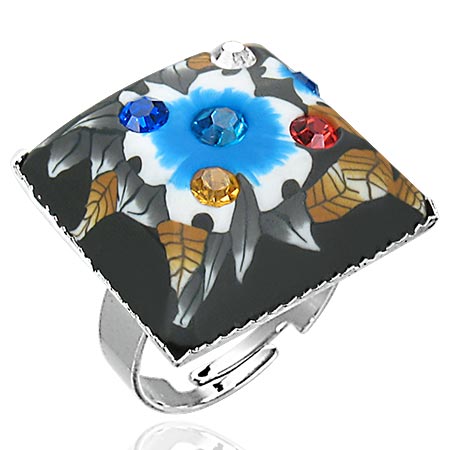 Pierścionek z kwiatami i cyrkoniami  kwadrat- biżuteria antyalergiczna c-86 -2